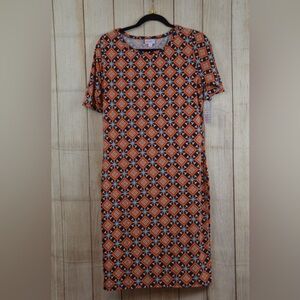 LuLaRoe Julia Orange and Navy Geometric Midi Dress